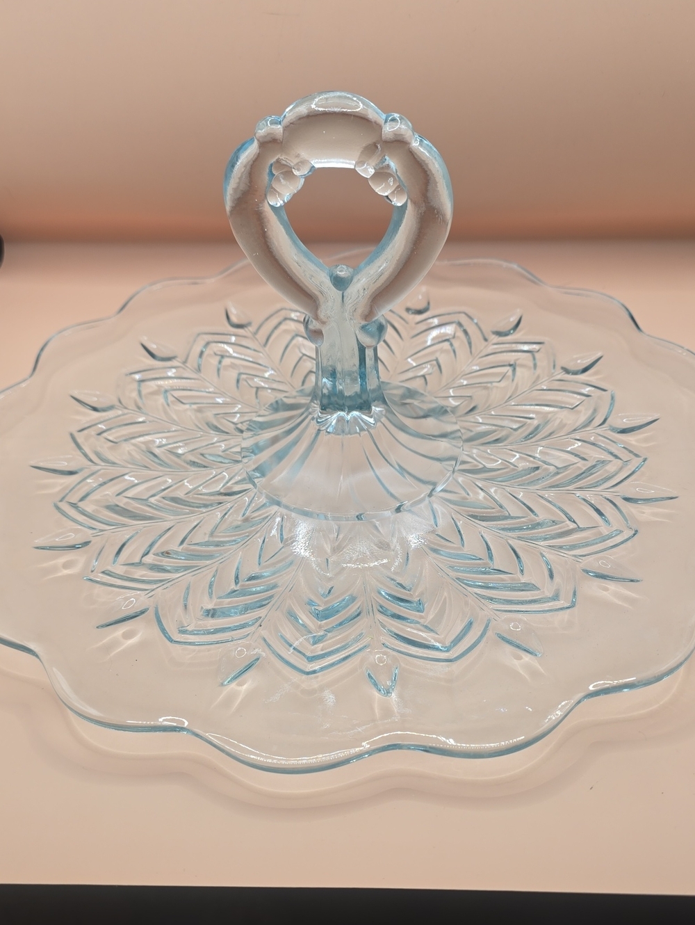Jeanette Glass Starlight Ice Blue Feather Tidbit Serving Tray Keyhole Handle